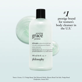Philosophy Amazing Grace Jasmine bottle label highlights luxe fragrance for a calming shower routine.