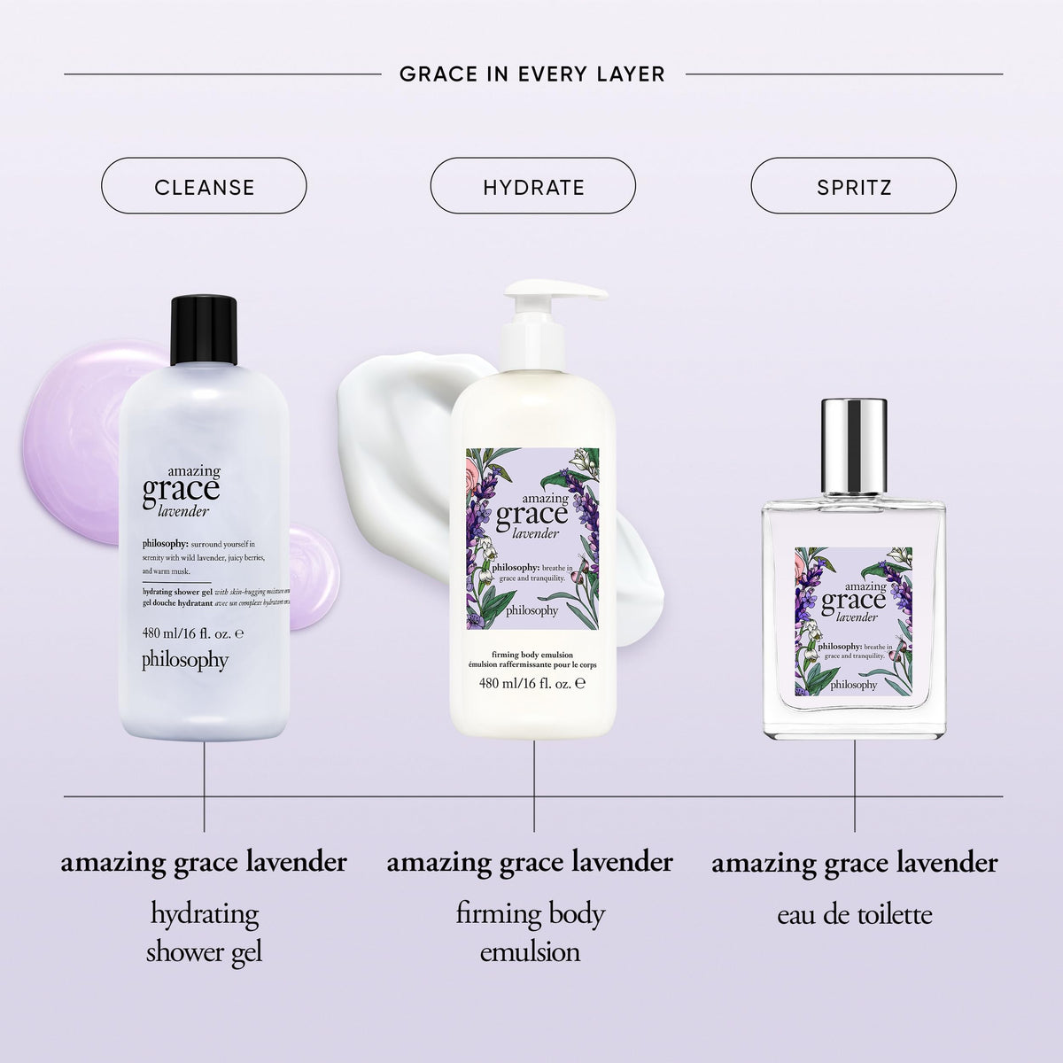 philosophy Amazing Grace lavender shower gel 16-oz size ready for regular use.