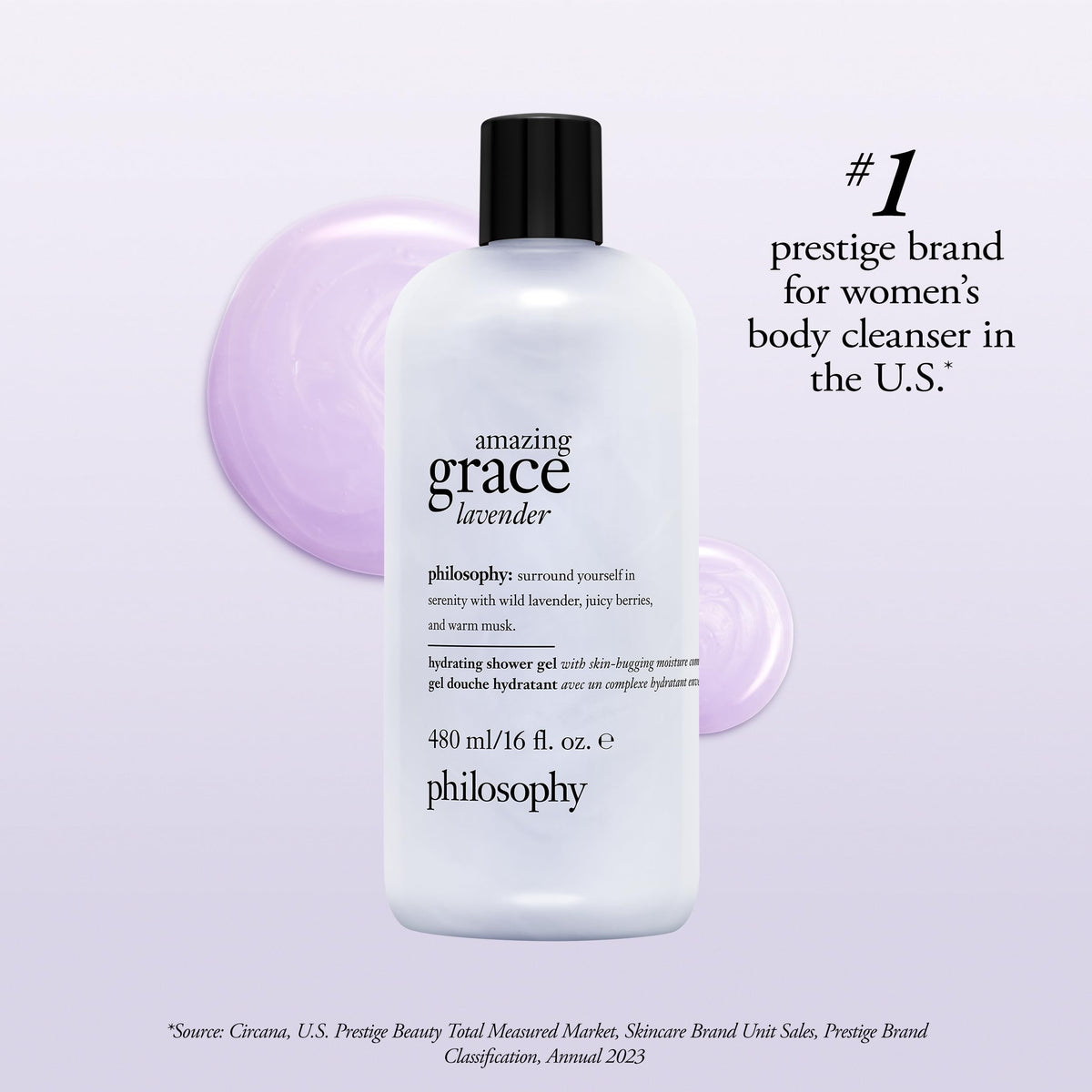 philosophy Amazing Grace lavender shower gel on a bathroom shelf invites calm rituals.