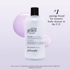 philosophy Amazing Grace lavender shower gel on a bathroom shelf invites calm rituals.