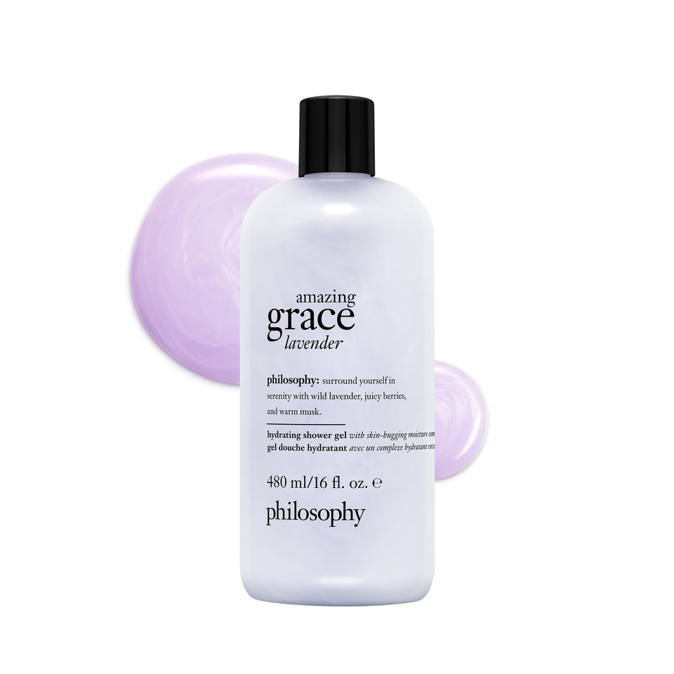 philosophy Amazing Grace lavender shower gel bottle shown on a bathroom counter for daily use.