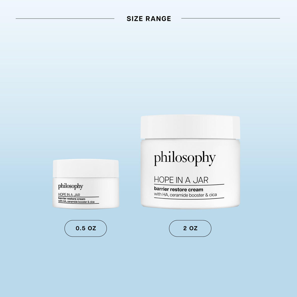 Philosophy Barrier Restore Cream ceramides graphic highlights cica and HA+ complex benefits