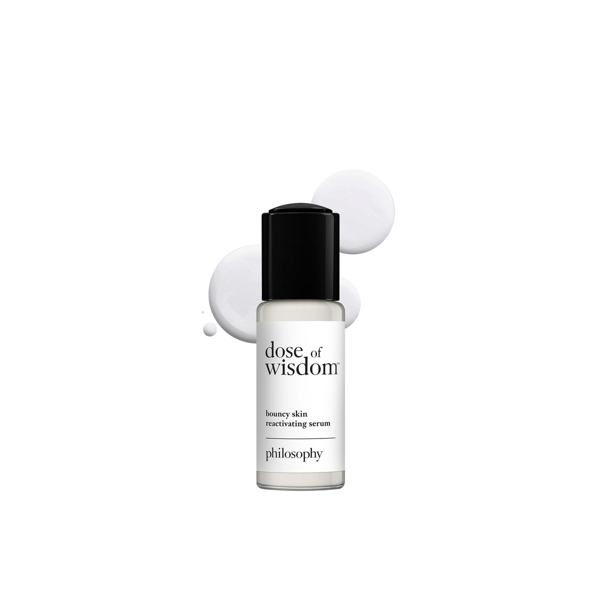 philosophy Dose of Wisdom serum bottle front showcases hydration for a bouncy complexion