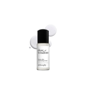 philosophy Dose of Wisdom serum bottle front showcases hydration for a bouncy complexion