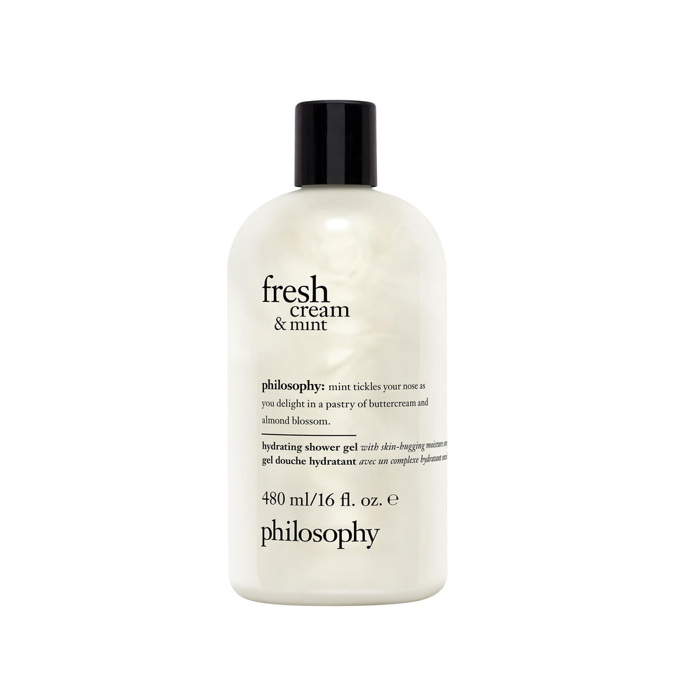 philosophy Fresh Cream and Mint Shower Gel bottle with hydrating formula for dry skin