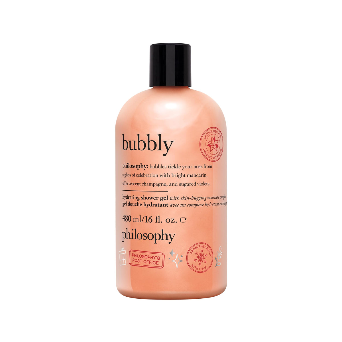 Philosophy Holiday Bubbly Shower Gel bottle pouring for everyday hydration and scent