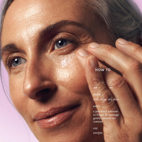 Philosophy hyaluronic acid eye cream texture close-up suggests smooth, hydrated skin around the eyes.