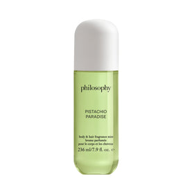 philosophy Pistachio Paradise mist bottle—refreshing fragrance with skin-hydrating properties.