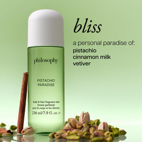 philosophy Pistachio Paradise mist nozzle—precise spray for quick, mood-enhancing scent.