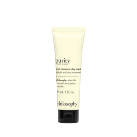 philosophy purity made simple pore extractor mask application close-up shows creamy clay texture for pore refinement
