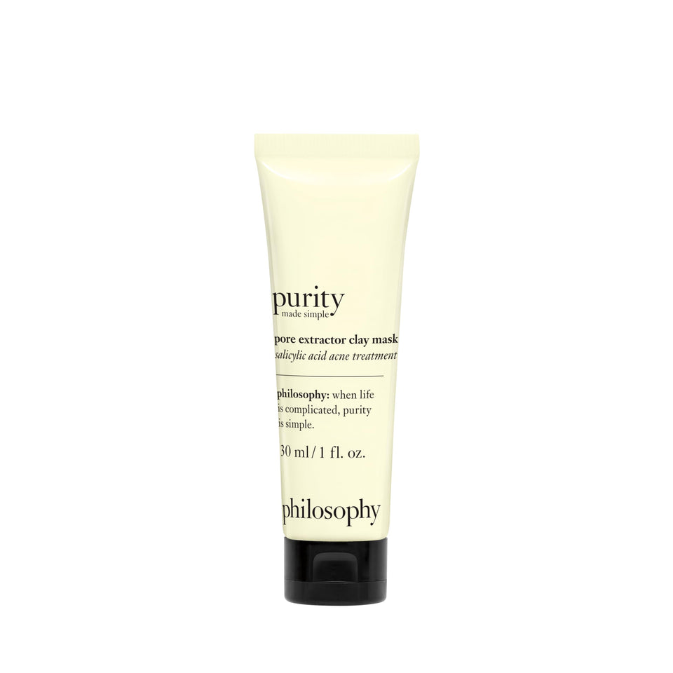 philosophy purity made simple pore extractor mask application close-up shows creamy clay texture for pore refinement