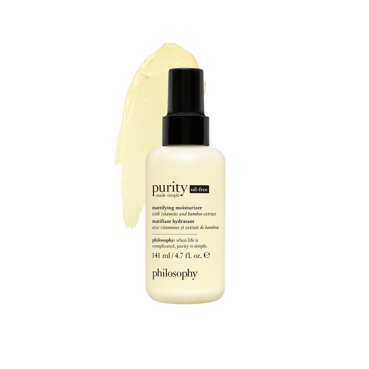 philosophy Purity Made Simple moisturizer bottle promotes matte, hydrated skin.