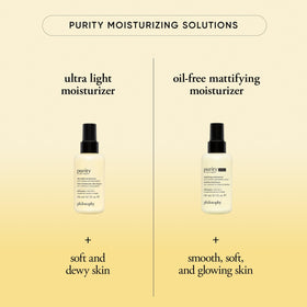 philosophy Purity Made Simple packaging emphasizes 24-hour hydration and shine reduction.