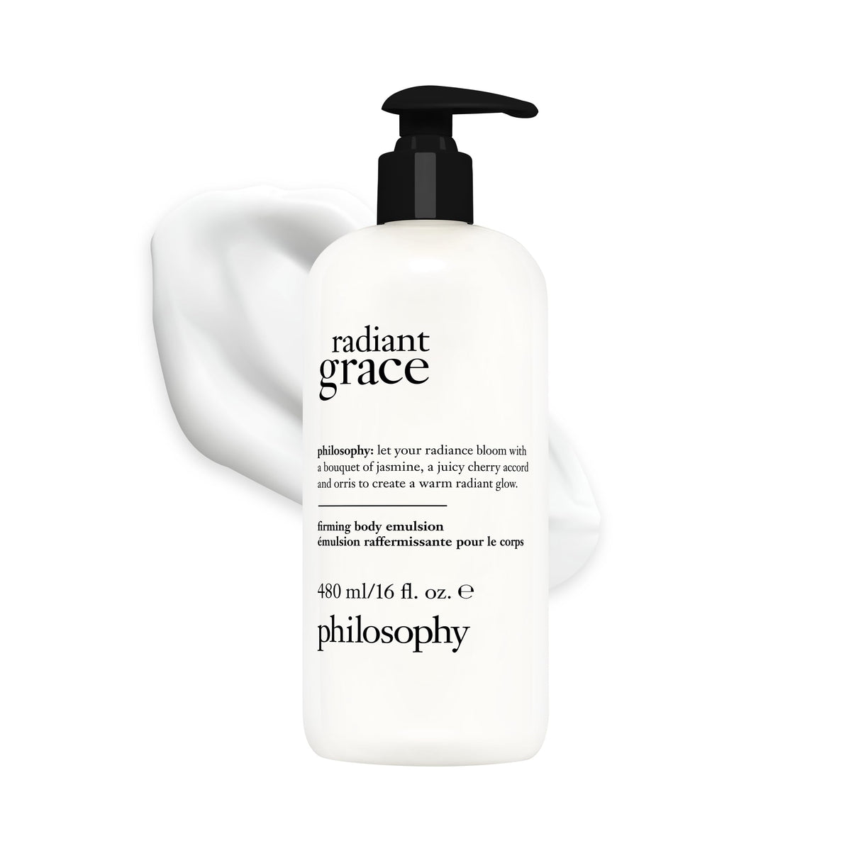 Philosophy Radiant Grace emulsion bottle highlights long-lasting hydration and glow.