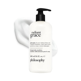 Philosophy Radiant Grace emulsion bottle highlights long-lasting hydration and glow.