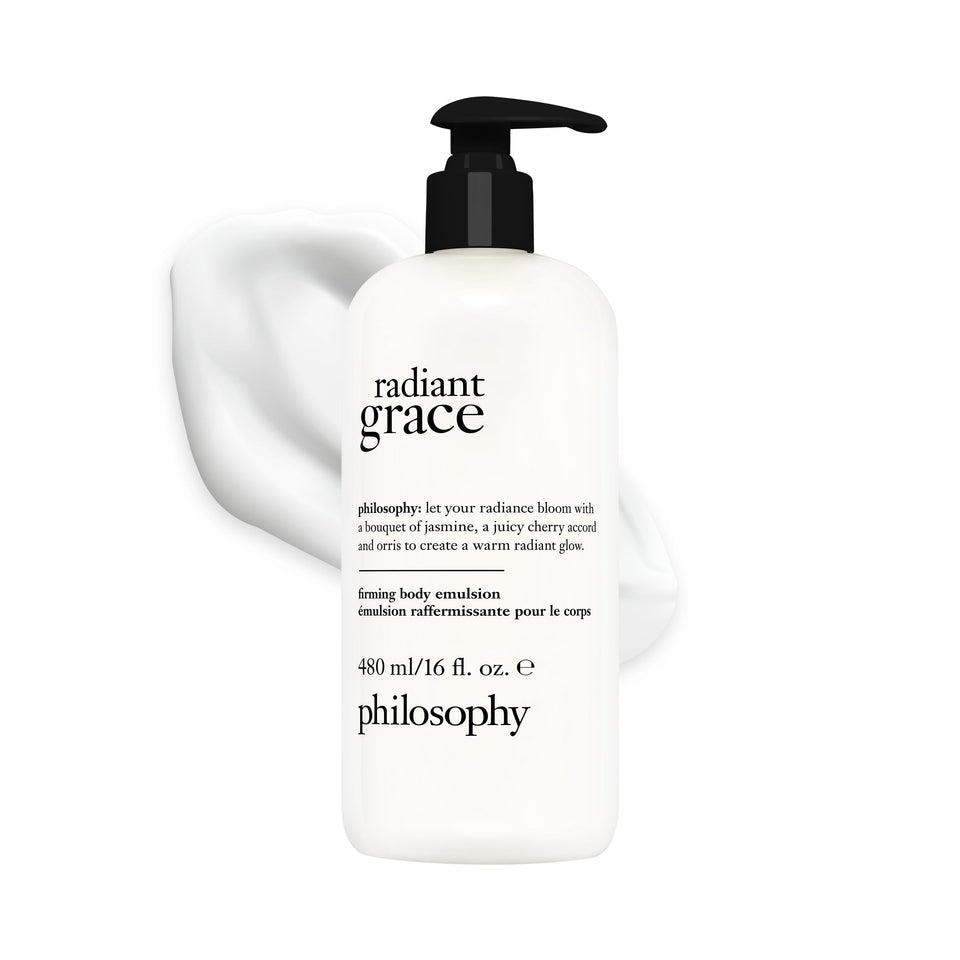 Philosophy Radiant Grace emulsion bottle highlights long-lasting hydration and glow.
