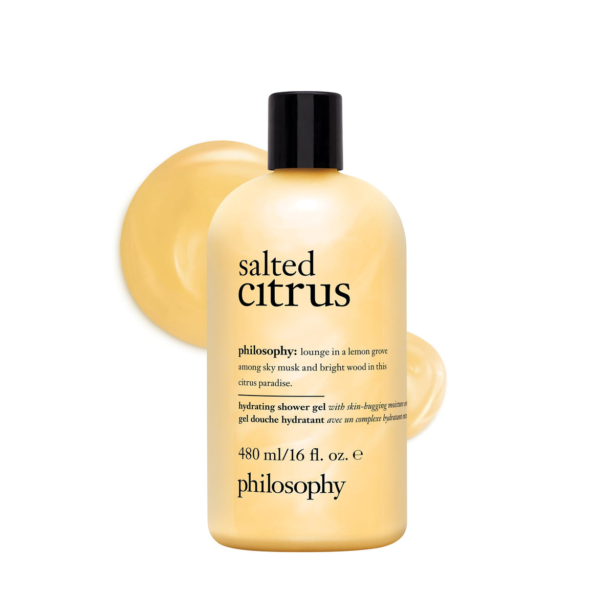 Philosophy Salted Citrus Shower Gel bottle delivers creamy hydration for a gentle cleanse.