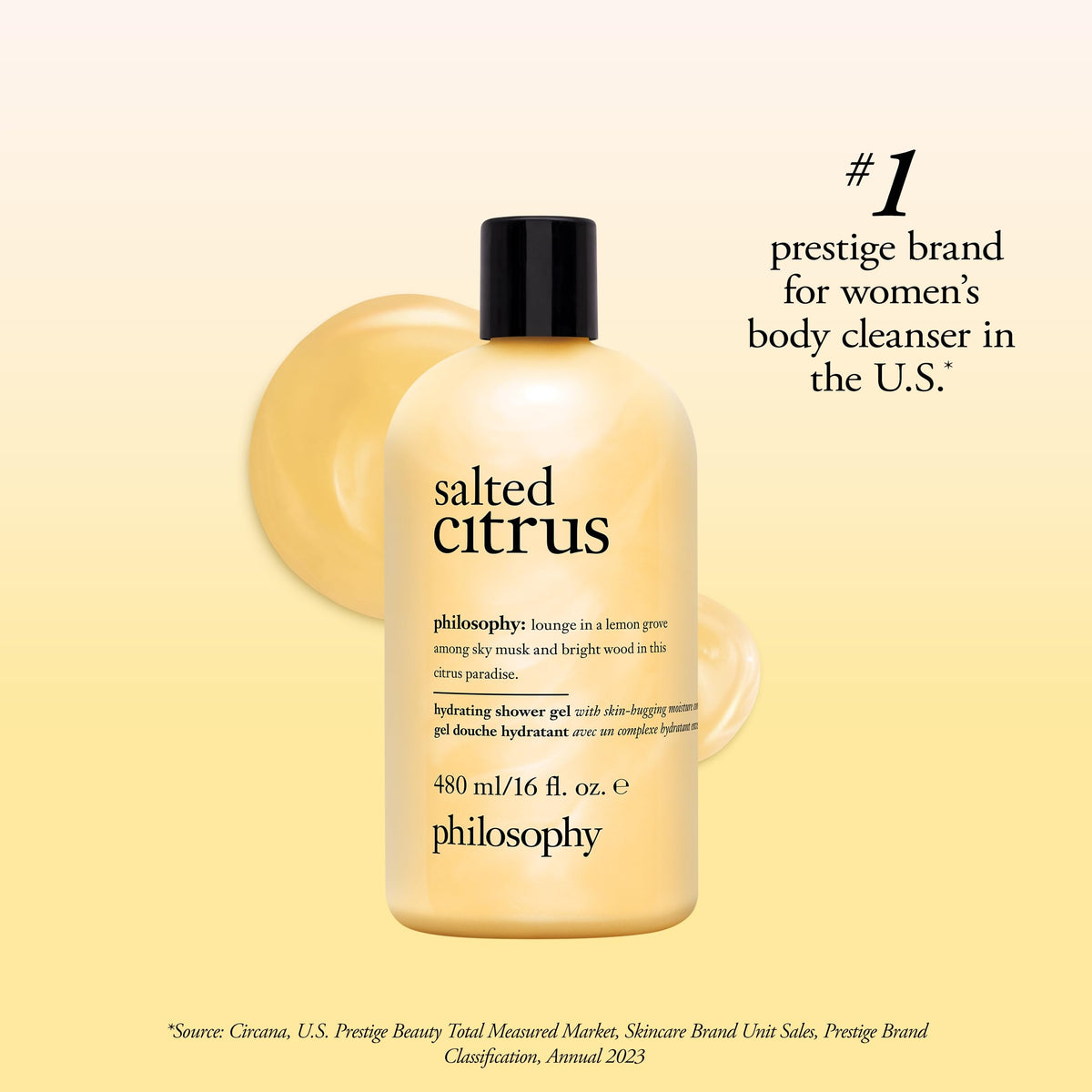 Philosophy Salted Citrus Shower Gel fragrance shot captures lemon musk notes for a refreshing moment.