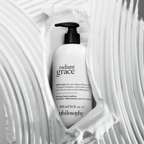 Philosophy sandalwood amber note bottle conveys warm, inviting fragrance throughout the day.