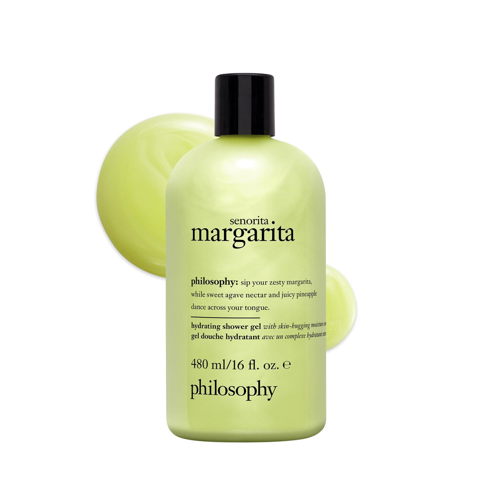 Philosophy Señorita Margarita shower gel bottle provides a hydrating cleanse for daily self-care rituals.