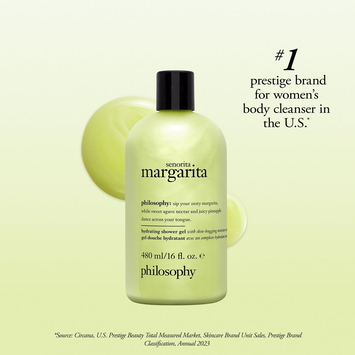 Philosophy Señorita Margarita shower gel foam demonstrating gentle suds for a wash.