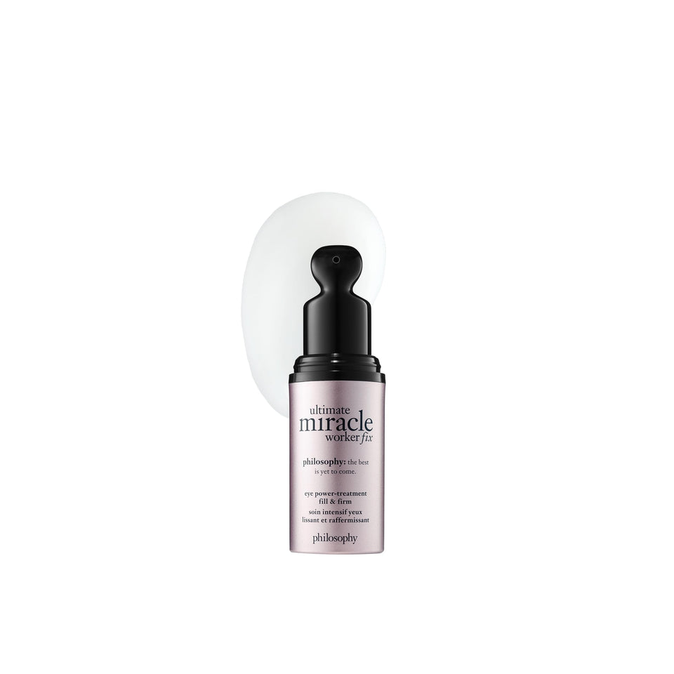 Philosophy ultimate miracle eye cream packaging shown as a premium bottle for daily use.