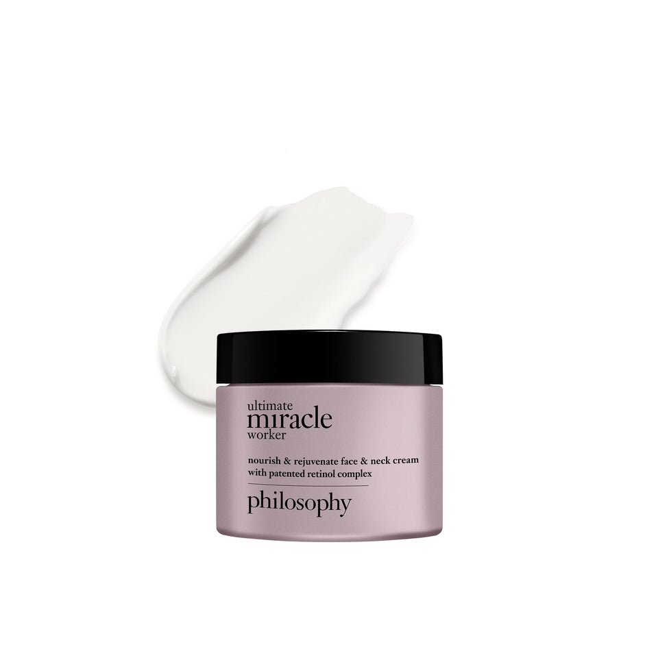 philosophy Ultimate Miracle Worker bottle with pump for easy daily facial nourishment.