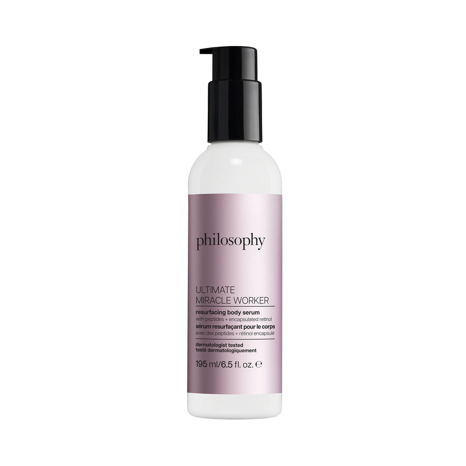 Philosophy Ultimate Miracle Worker serum bottle close-up showing hydrating formula