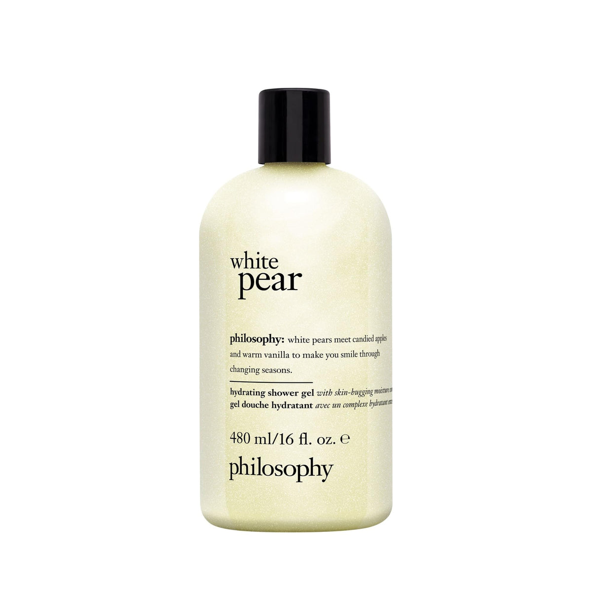 Philosophy White Pear Shower Gel bottle shows rich lather and hydrating cleanse.