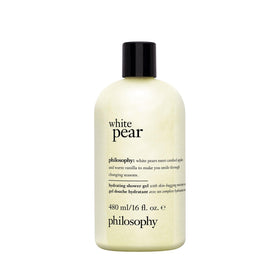 Philosophy White Pear Shower Gel bottle shows rich lather and hydrating cleanse.