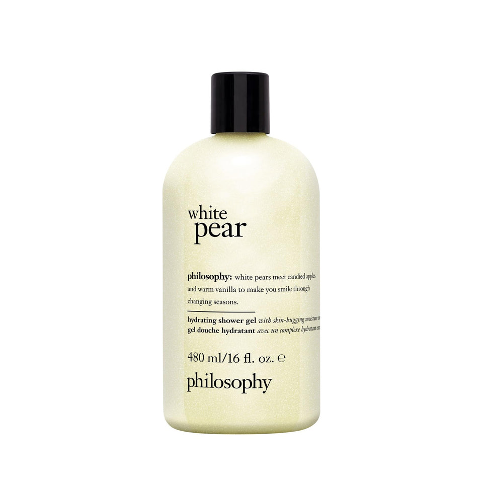Philosophy White Pear Shower Gel bottle shows rich lather and hydrating cleanse.