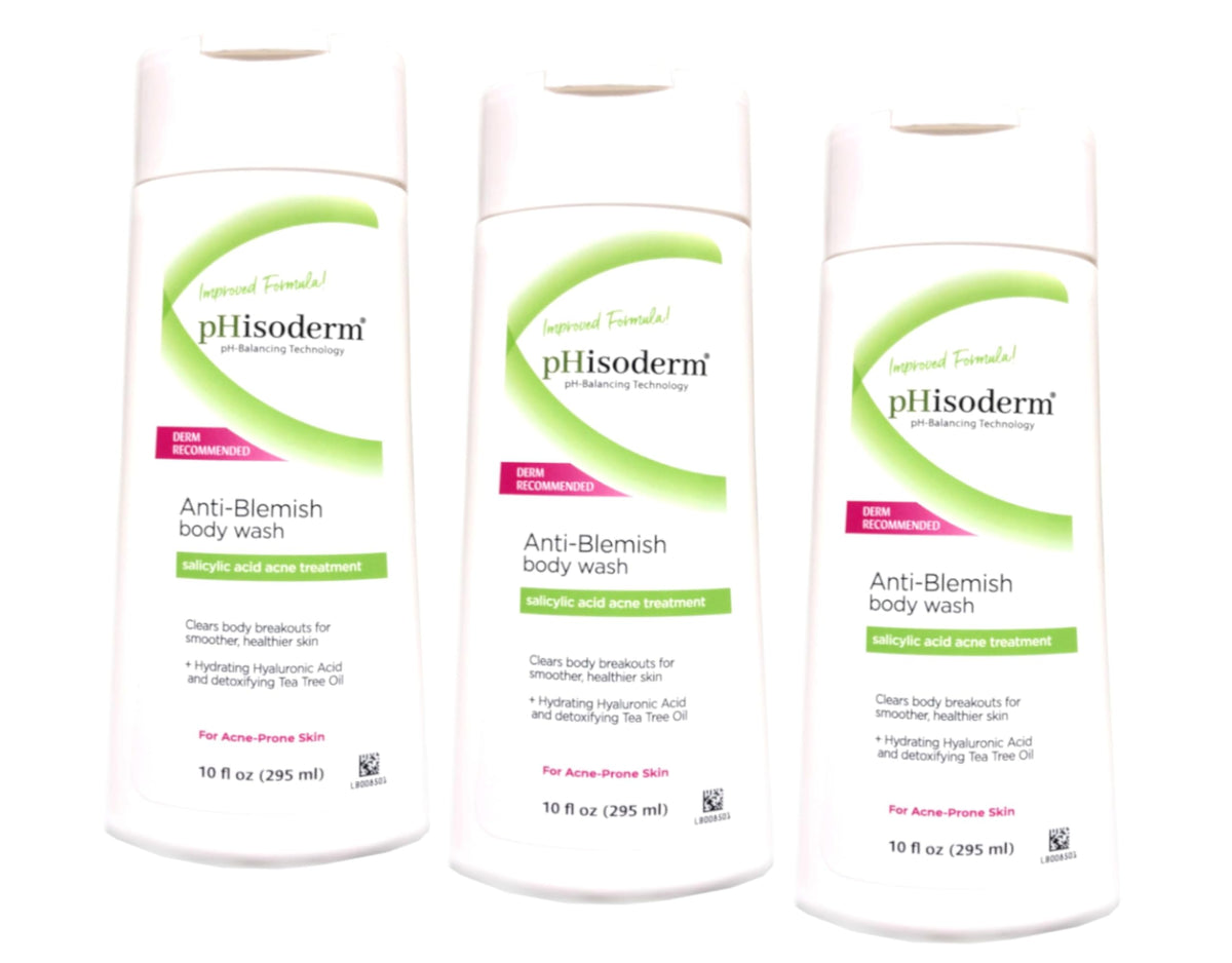 Phisoderm Anti-Blemish Body Wash bottle with 2% salicylic acid for clearer skin.