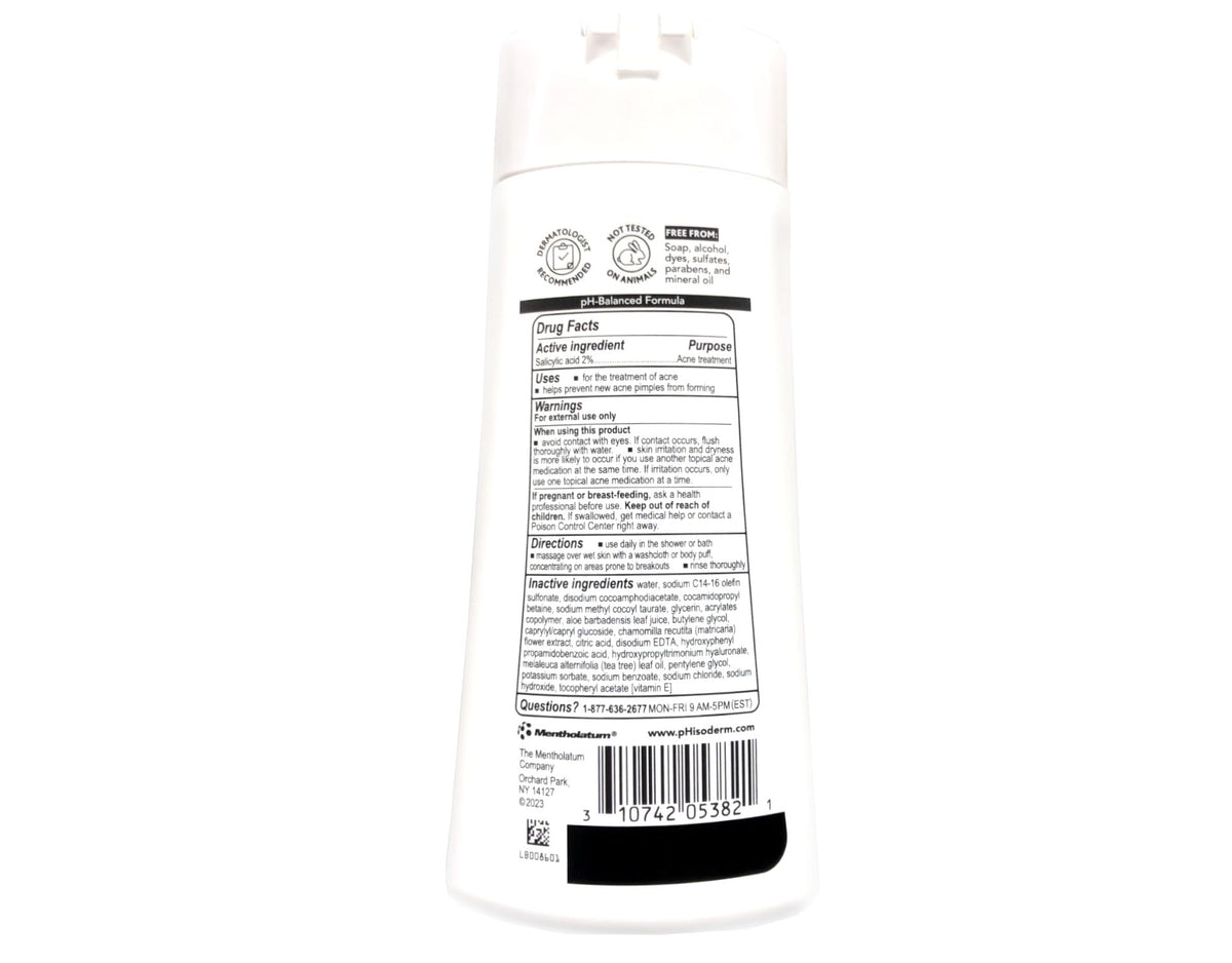 Phisoderm Anti-Blemish Body Wash ingredients graphic highlights vitamin E, aloe, chamomile.