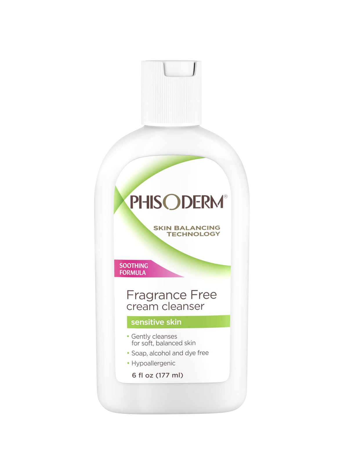 Phisoderm fragrance-free cream cleanser bottle for sensitive skin, gentle cleanse without residue.