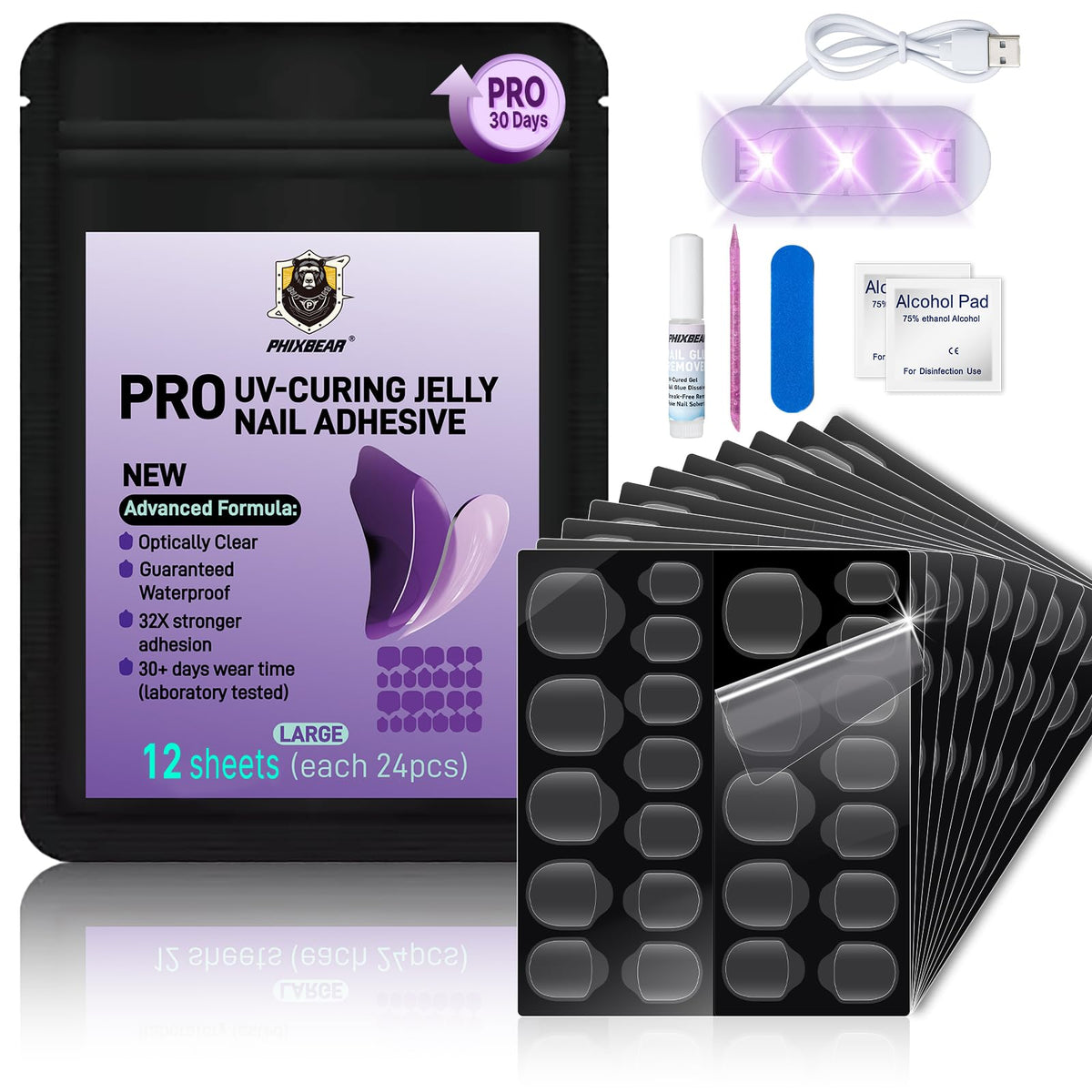 PHIXBEAR Pro UV Jelly Nail Adhesive Tabs pack front showing 288 tabs for precise sizing.