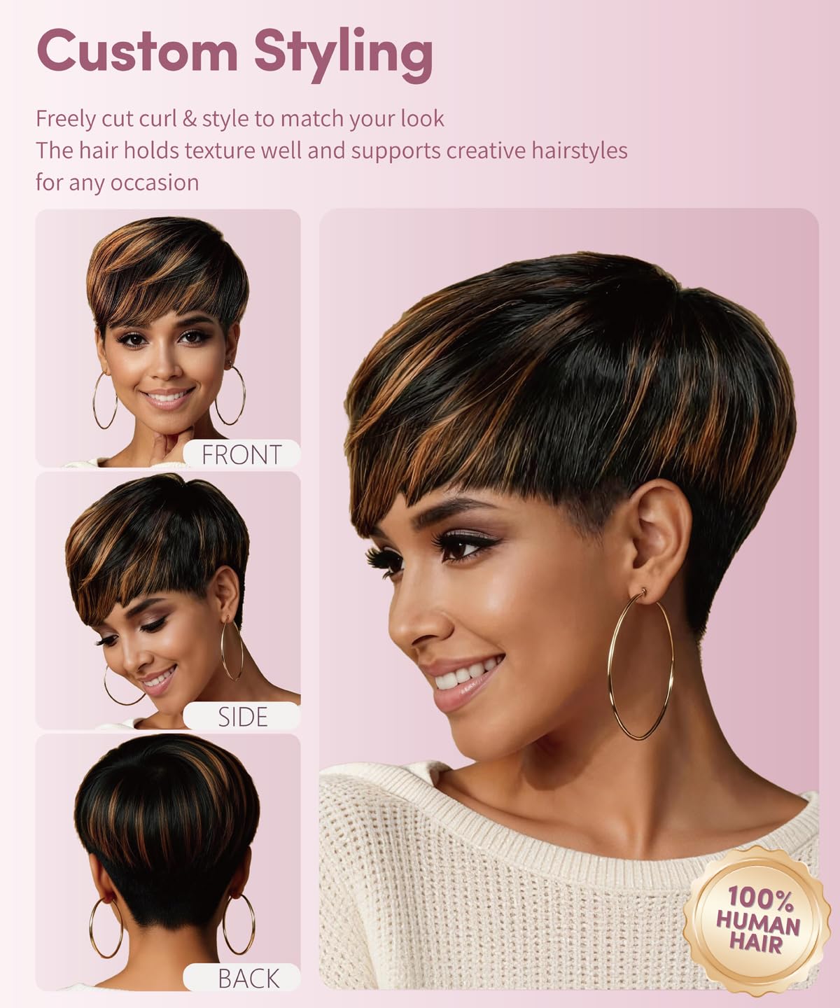 Phizigirl Ombre Pixie Wig back view reveals seamless blend and versatile silhouette.
