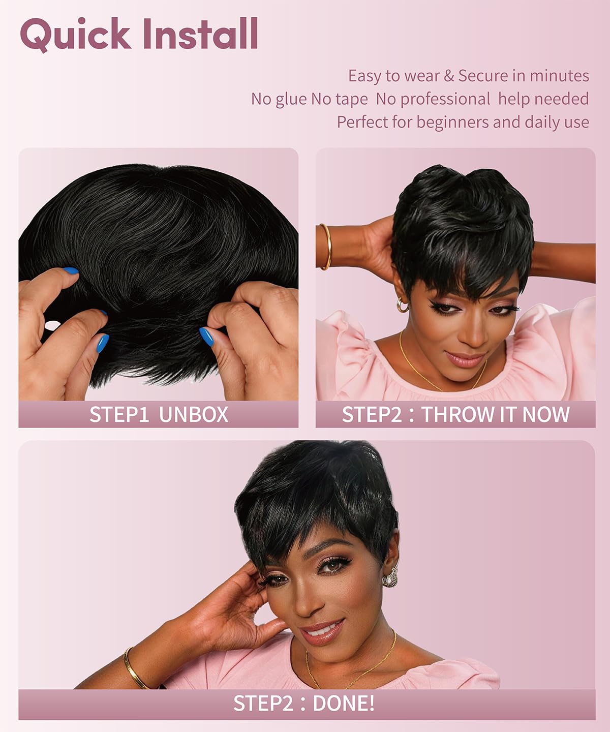 Phizigirl Ombre Pixie Wig close-up hairline emphasizes realistic part and silky texture.