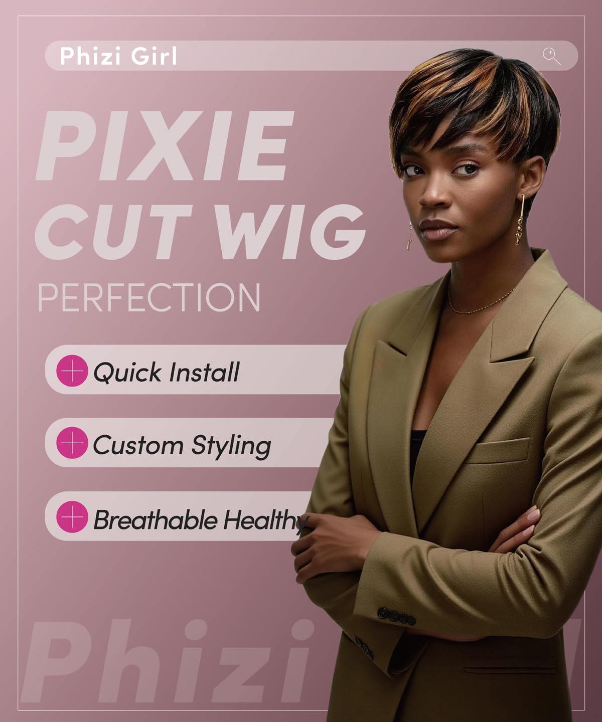 Phizigirl Ombre Pixie Wig side view shows lightweight comfort for all-day wear.