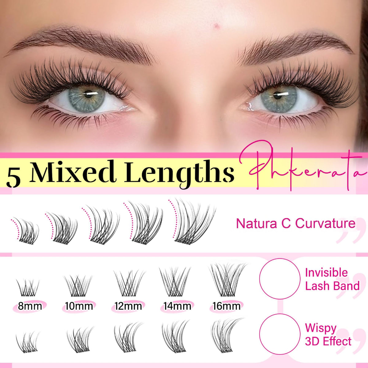 PHKERATA wispy curvature lash clusters creating a soft C curl effect