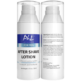 PHL Naturals Unscented Aftershave ingredients panel lists aloe, witch hazel, cucumber