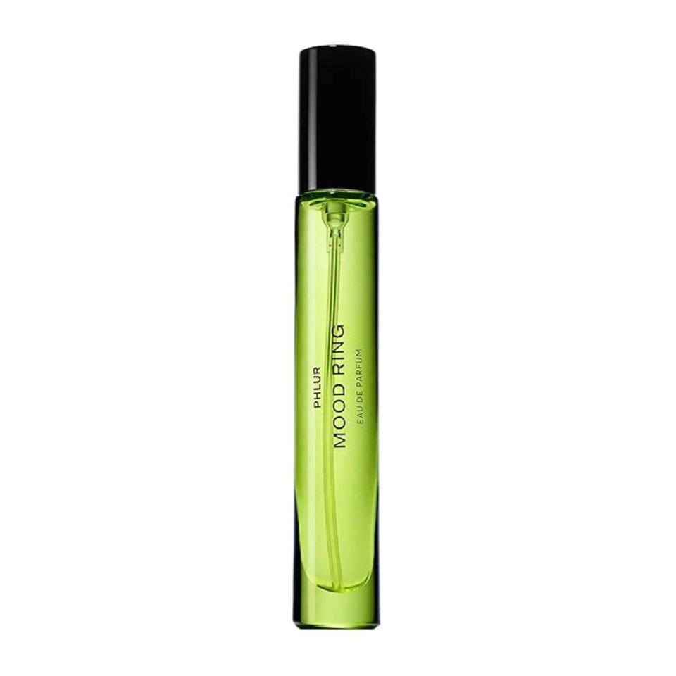 PHLUR Mood Ring bottle front for on-the-go fragrance with portable carry-on convenience.