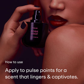 PHLUR Rose Whip dry-down on skin with amber and musk warmth.