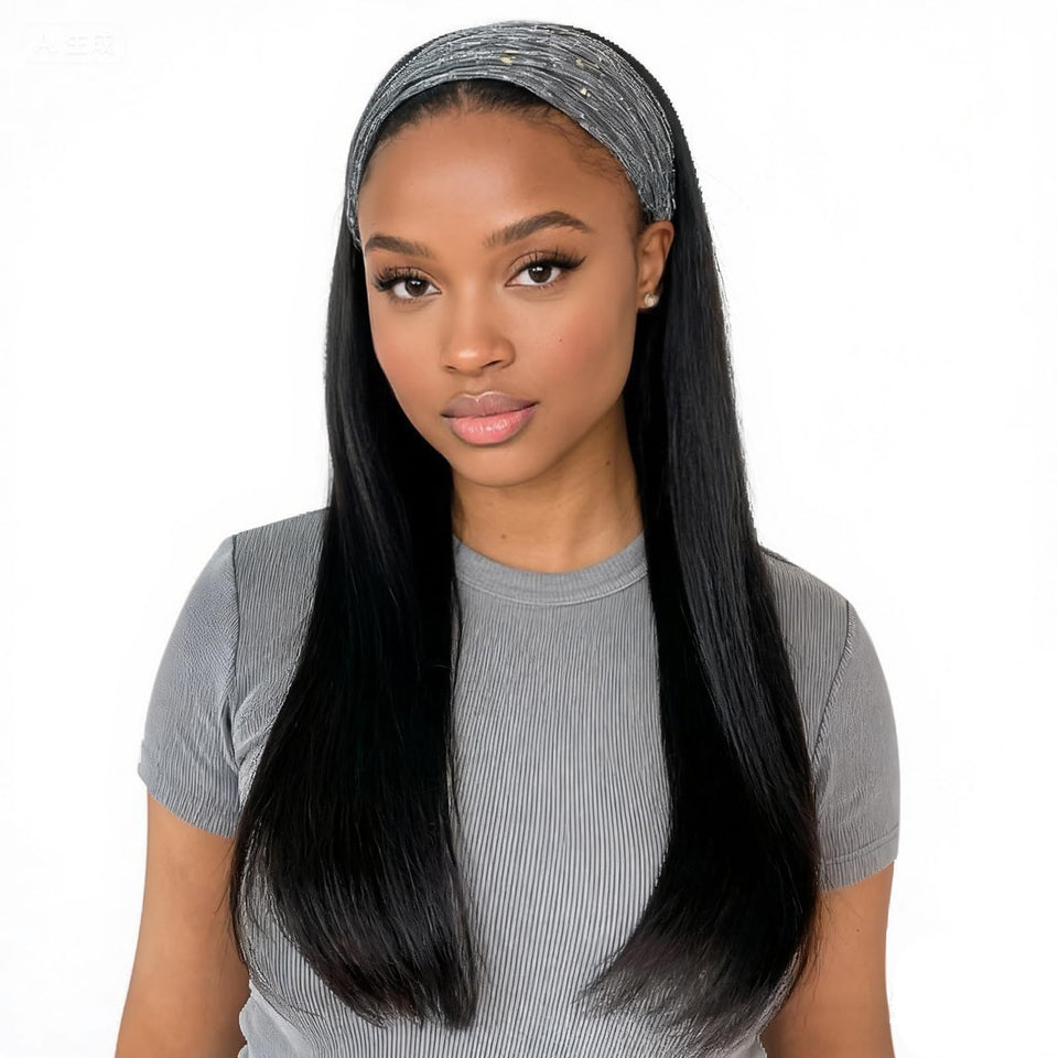 PHOCAS 16in-long-black-headband-wig display with natural straight look for everyday style