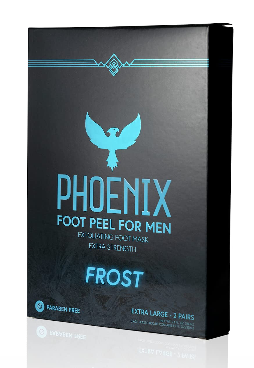 Phoenix Foot Peel Pack 2 menthol bottle shows cooling exfoliation for tired feet.