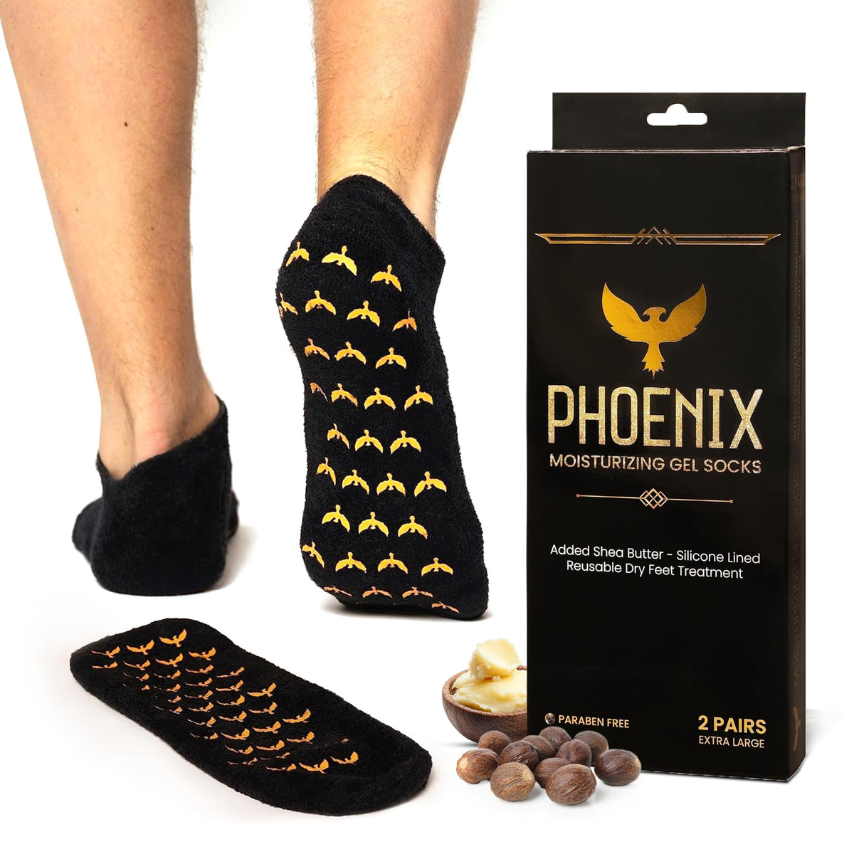 Phoenix Foot Peel silicone sock on foot shows moisture-sealing design for dry feet.