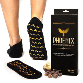 Phoenix Foot Peel silicone sock on foot shows moisture-sealing design for dry feet.