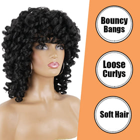 PHOENIXFLY black curly wig back view, full-bodied curls from behind.