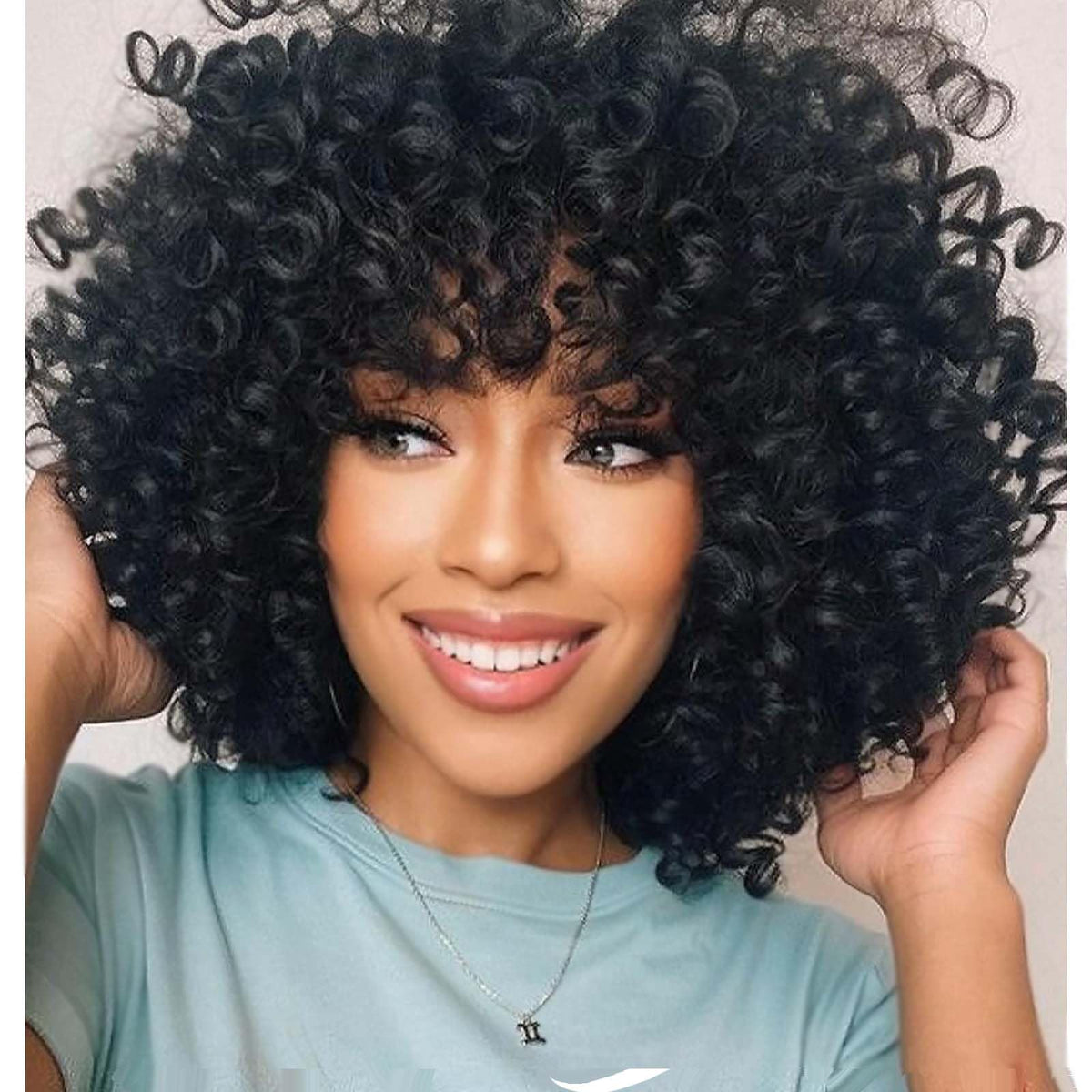 PHOENIXFLY black curly wig front view, natural texture for everyday wear.