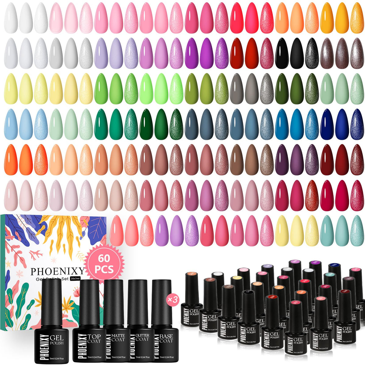 Phoenixy gel nail polish set color swatches for vibrant manicure ideas.