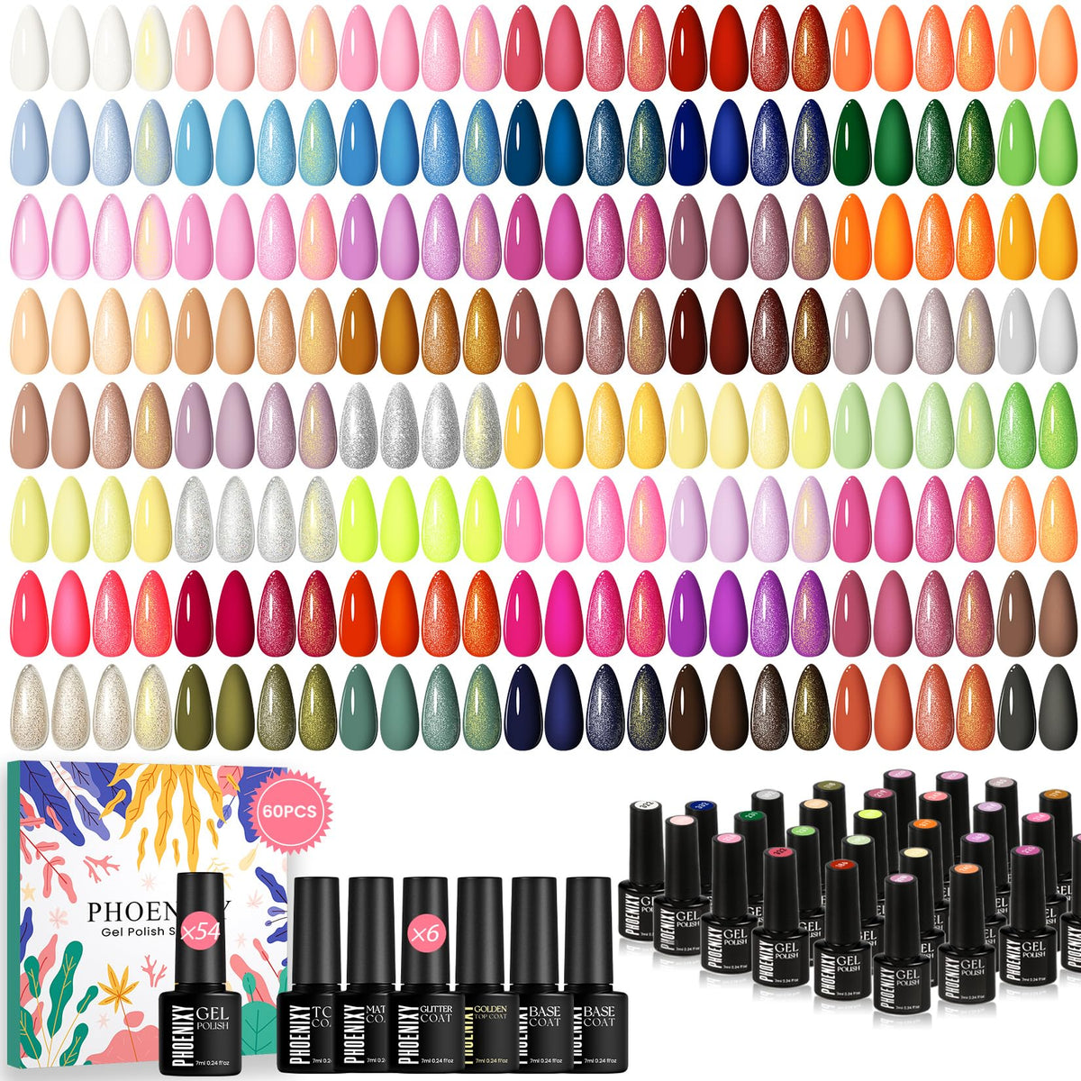 Phoenixy 60-piece gel polish box shows full DIY kit for versatile nails